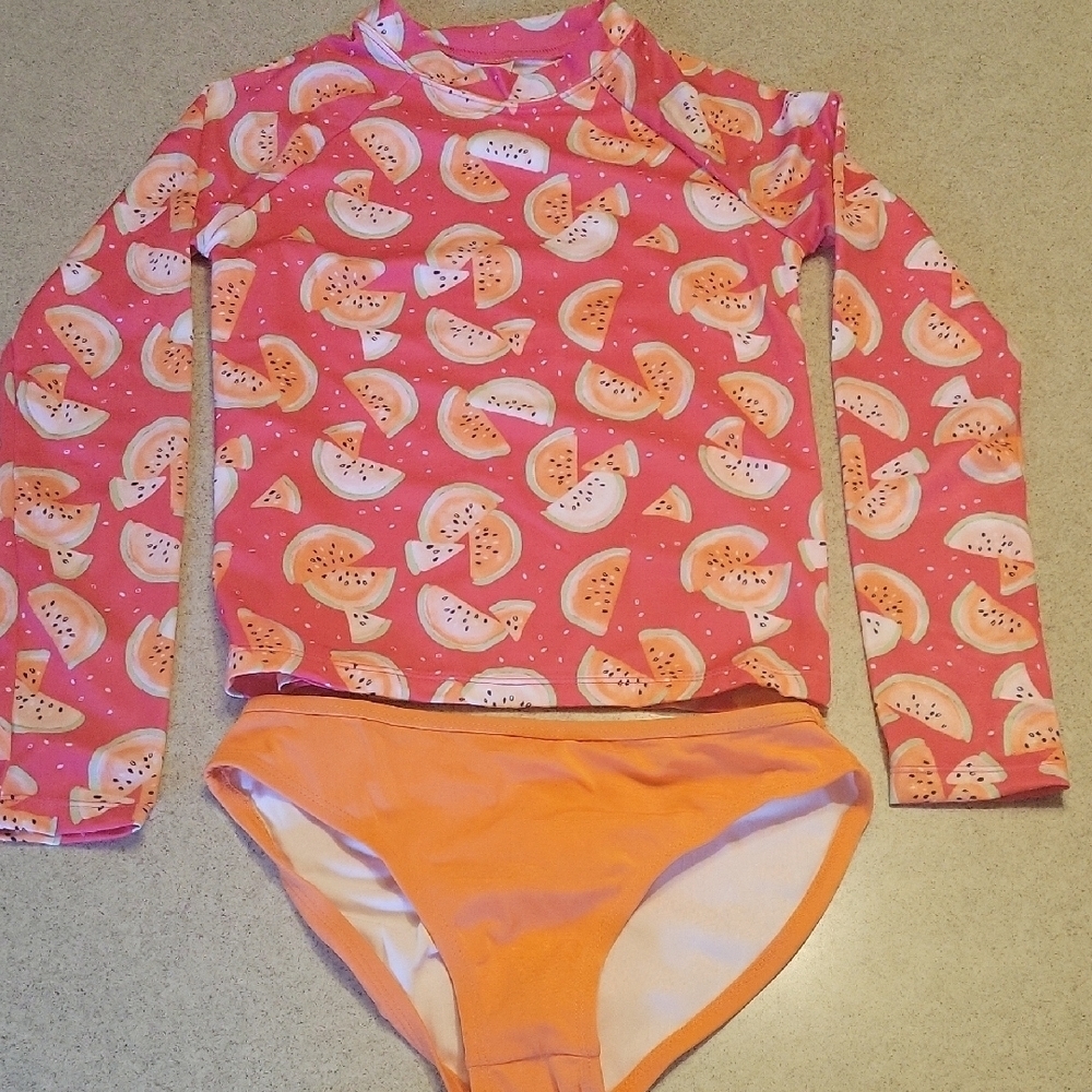 Gymboree 2 Piece Swimsuit Watermelon Rashguard Orange Bottoms Size 10/12 NWOT